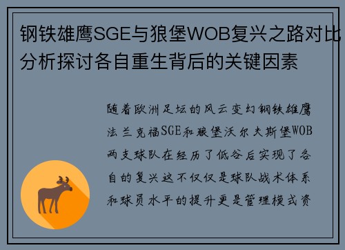 钢铁雄鹰SGE与狼堡WOB复兴之路对比分析探讨各自重生背后的关键因素